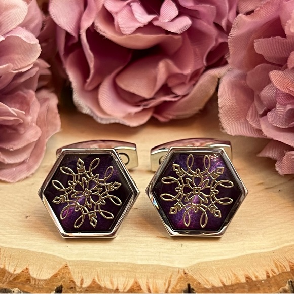 Stunning French Inspired Engraved Purple Hexagon Cufflinks - Picture 6 of 16